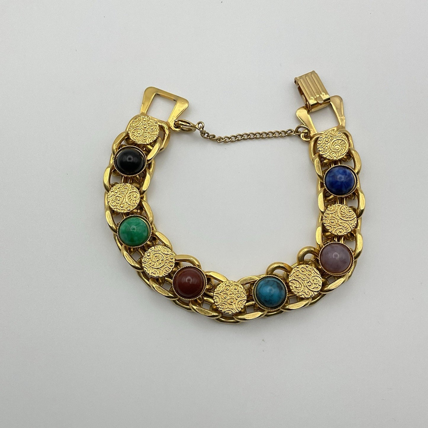 Vintage Gold Tone Imitation Gem Cabochon Charm Safety Chain Bracelet