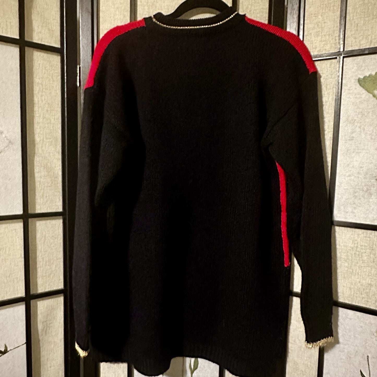 Vintage 80’s Dana Scott Floral Beaded Knit Black Red Retro Christmas Sweater  M