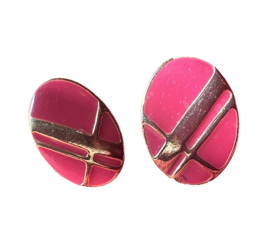 Pink With Gold Stripe Enamel Oval Button Earrings