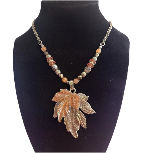 Kenneth Cole Gold Tone Beaded Fall Leaf Pendant Brown Orange Necklace