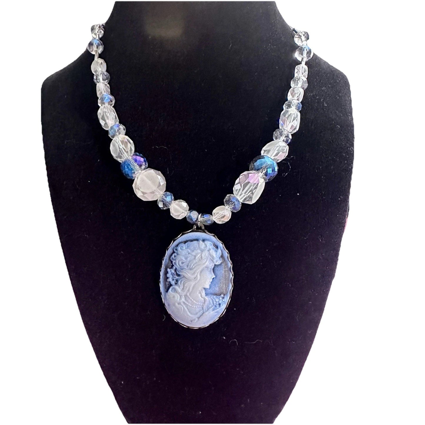 Vintage Style Victorian Cameo Beaded Necklace Blue