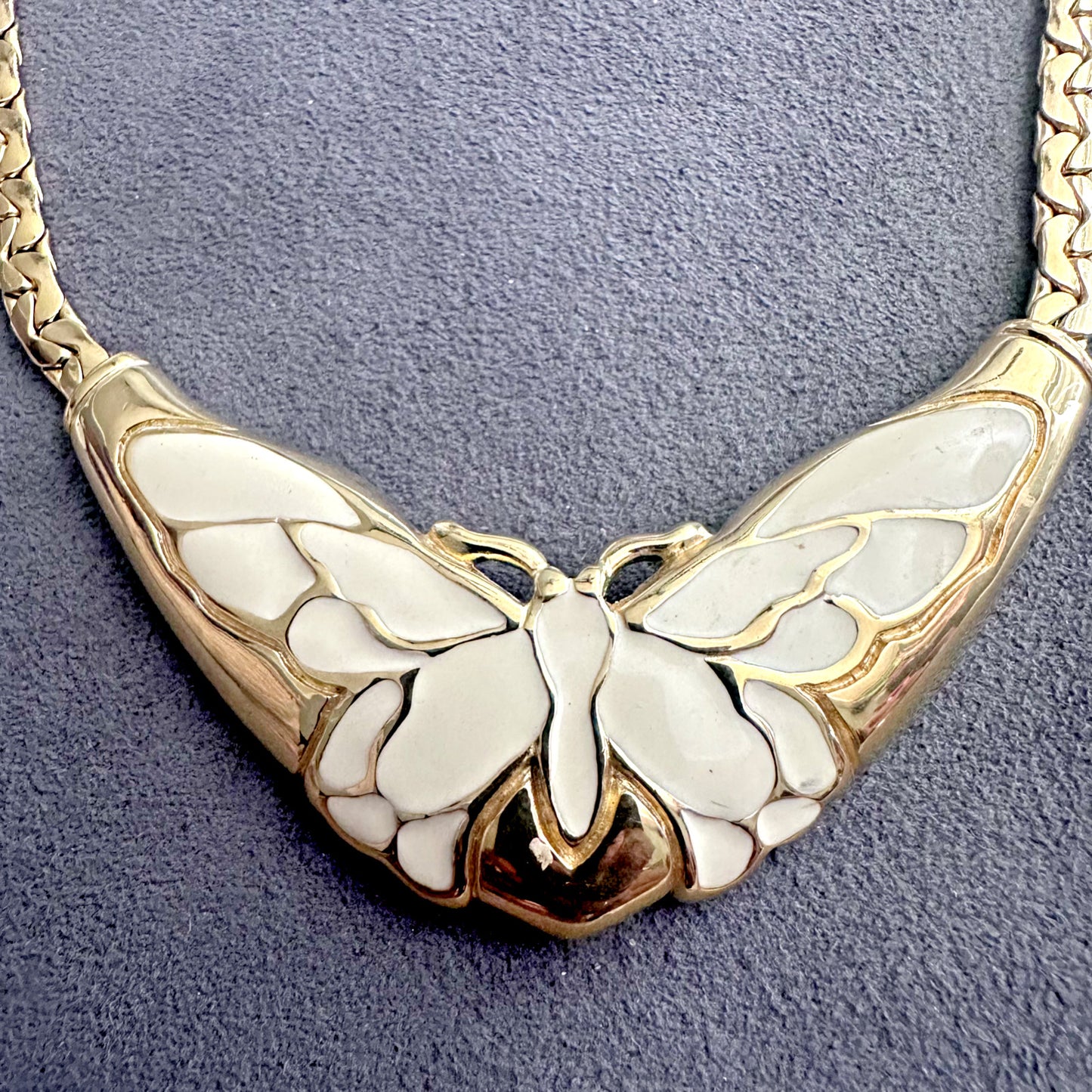 Vintage 1980's White/Beige Enamel Butterfly Motif Gold tone chain necklace