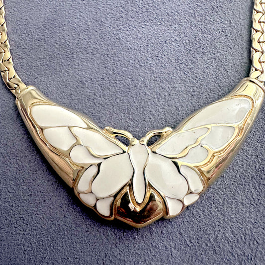 Vintage 1980's White/Beige Enamel Butterfly Motif Gold tone chain necklace