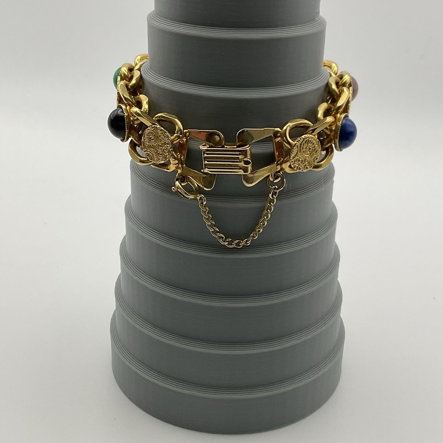 Vintage Gold Tone Imitation Gem Cabochon Charm Safety Chain Bracelet