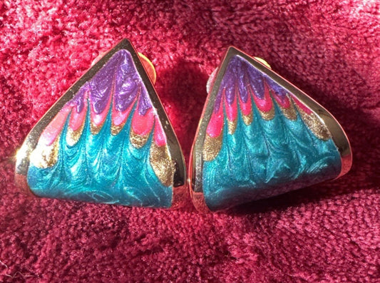 Vintage Colorful Enamel Pierced Earrings Gold tone 80s Fashion Costume Jewelry