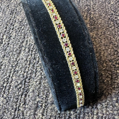Vintage Gold Tone Ruby & Clear Rhinestone Chain Bracelet – 7.5" Double Row Spark