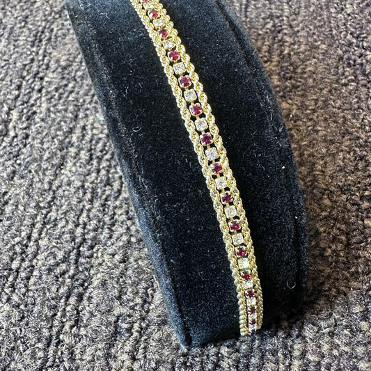 Vintage Gold Tone Ruby & Clear Rhinestone Chain Bracelet – 7.5" Double Row Spark