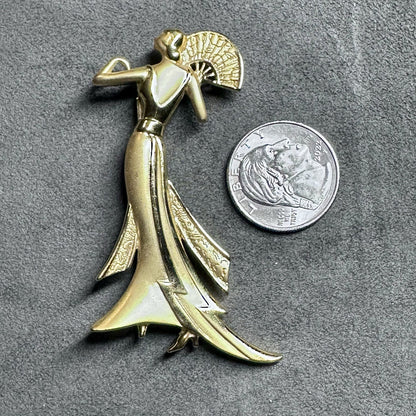 Vintage JJ 1988 Jonette Jewelry Goldtone Woman Formal Fan Evening Brooch Pin