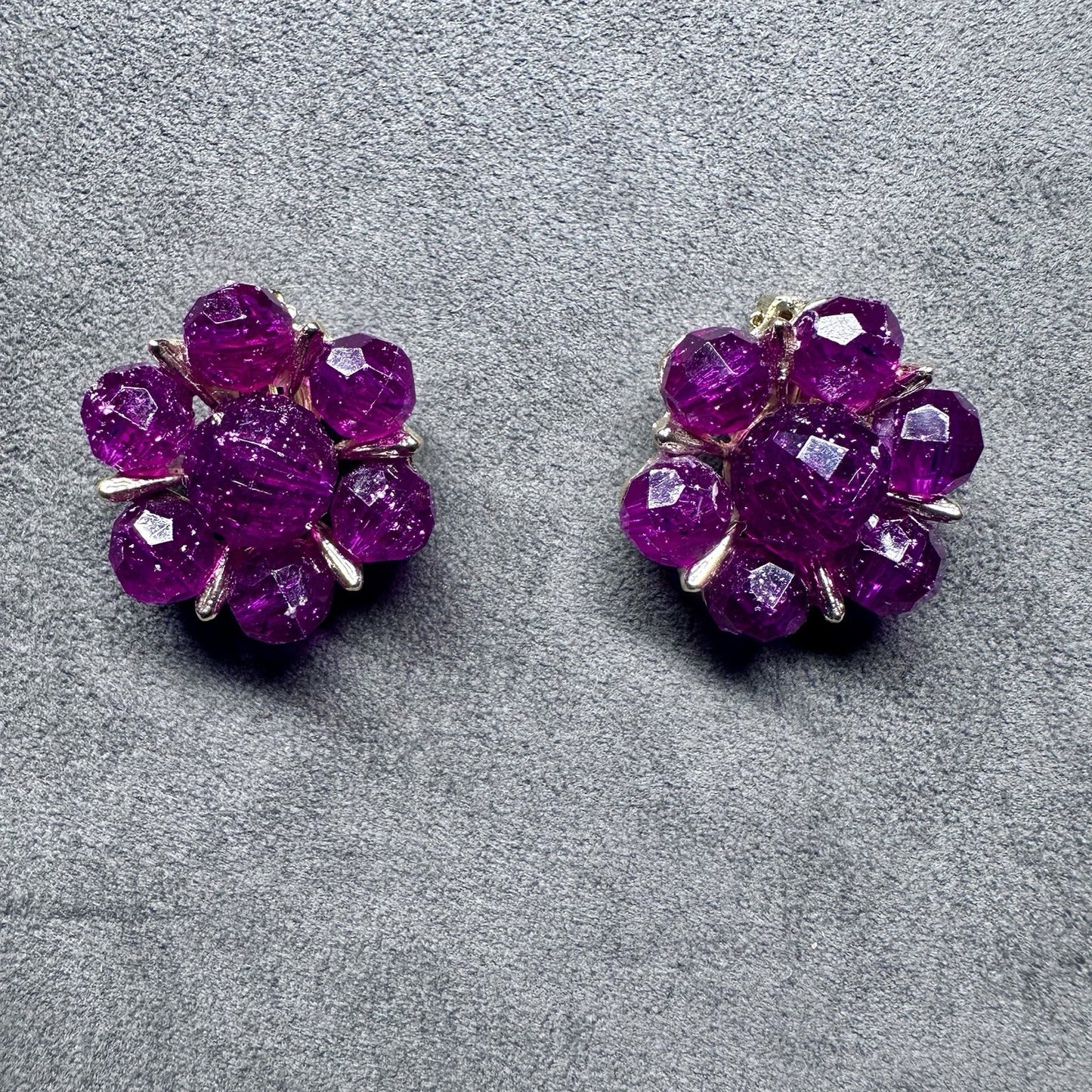 Vintage Purple Beaded Cluster Floral Gold Tone Clip On Earrings