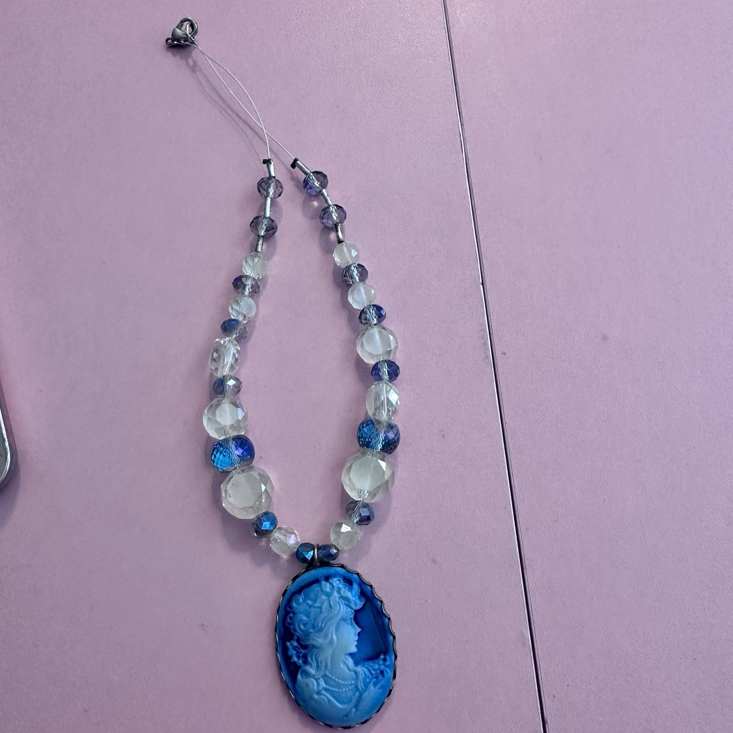 Vintage Style Victorian Cameo Beaded Necklace Blue