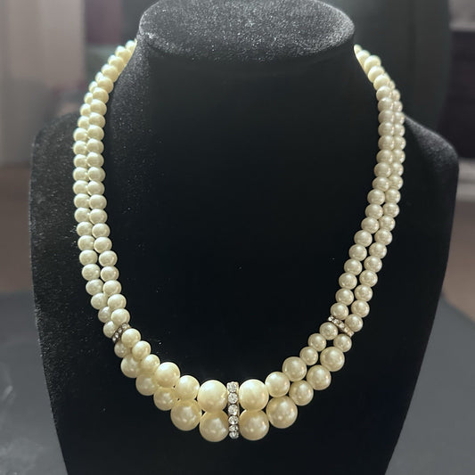 Vintage 2 Double Strand Faux Pearl Rhinestone Necklace Choker Ornate Box Clasp