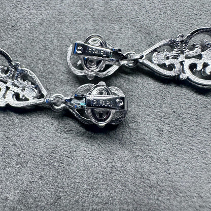 Vintage TRIFARI Ornate Dangle Silver Tone Earrings Clip-on Signed 2 in