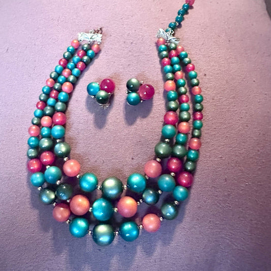 Vintage Coro Moonglow Necklace Earring Set Green Orange 50s Beaded Double Strand