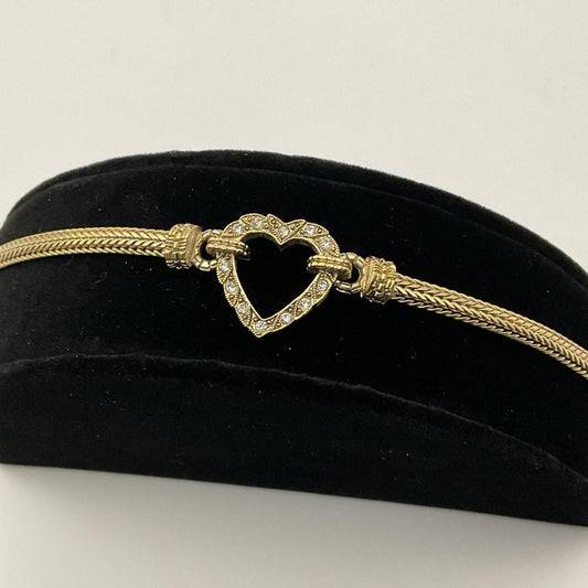 Vintage Gold Tone Herringbone Chain Crystal Heart Bracelet