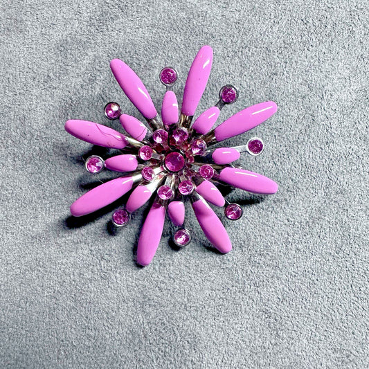 Vintage Jewelry Mod Hippie Boho Pink Flower With Rhinestone Brooch Pin