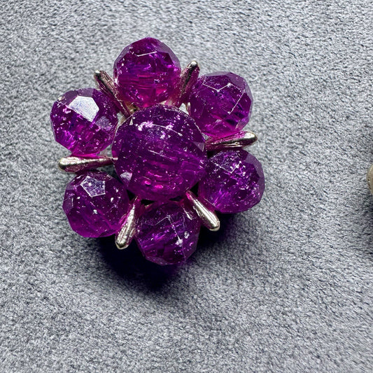 Vintage Purple Beaded Cluster Floral Gold Tone Clip On Earrings