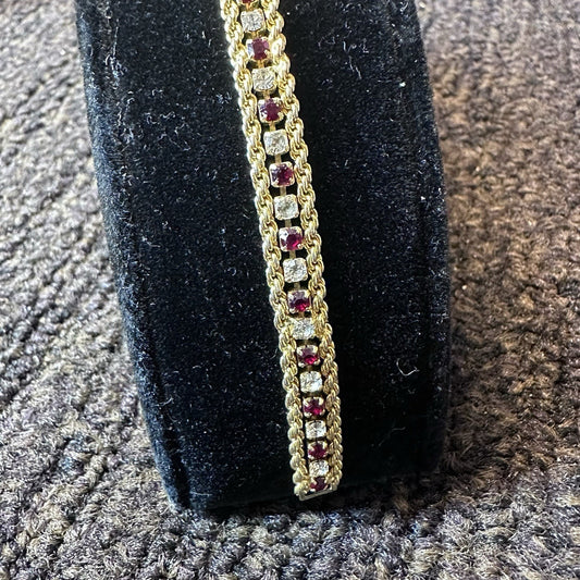 Vintage Gold Tone Ruby & Clear Rhinestone Chain Bracelet – 7.5" Double Row Spark