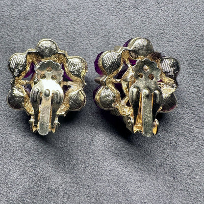 Vintage Purple Beaded Cluster Floral Gold Tone Clip On Earrings
