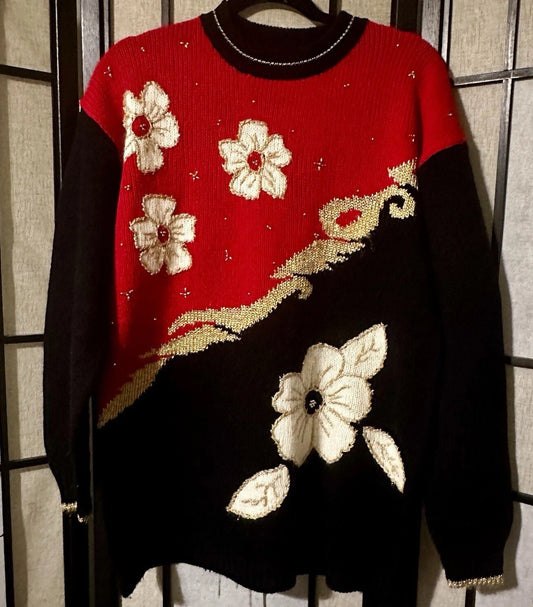 Vintage 80’s Dana Scott Floral Beaded Knit Black Red Retro Christmas Sweater  M