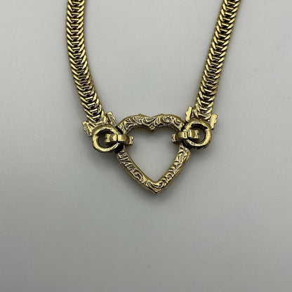 Vintage Gold Tone Herringbone Chain Crystal Heart Bracelet