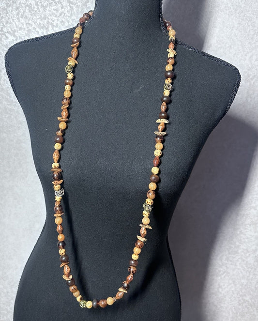 Vintage Dayne Duvall Wood & Mixed Stone Fashion Layering Long Necklace