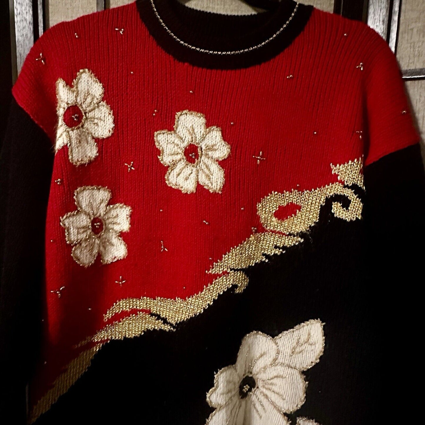 Vintage 80’s Dana Scott Floral Beaded Knit Black Red Retro Christmas Sweater  M