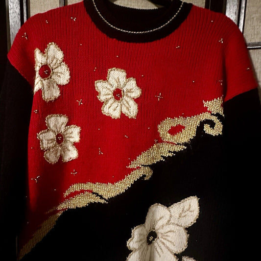 Vintage 80’s Dana Scott Floral Beaded Knit Black Red Retro Christmas Sweater  M