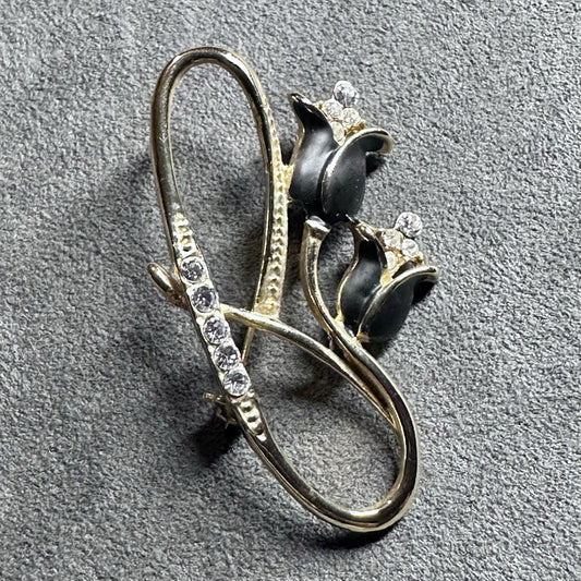 Vintage Tulip Gold Black Rhinestone Brooch Pin