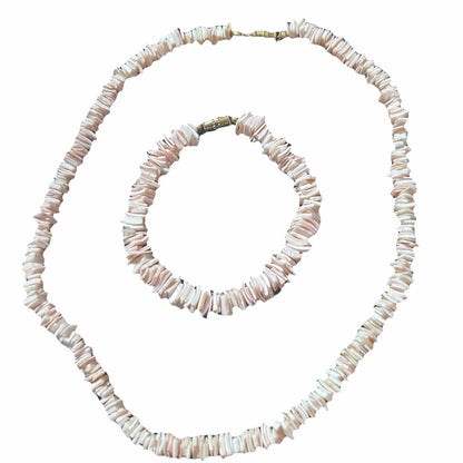Vintage 90s Peach Pink shell Puka choker necklace And bracelet Set Y2K Surfer