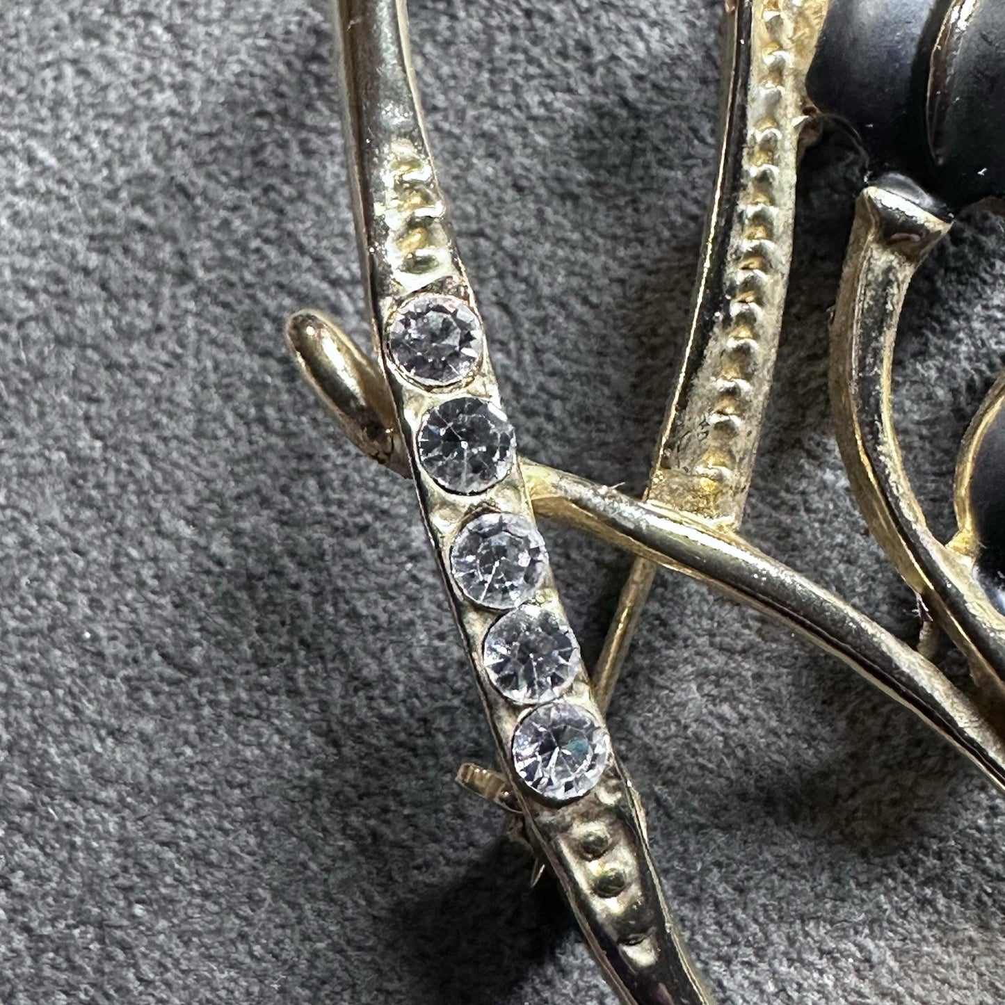 Vintage Tulip Gold Black Rhinestone Brooch Pin