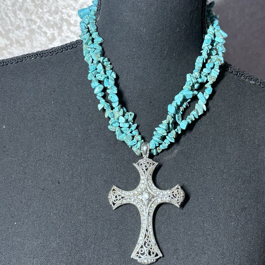 3 Stand Southwest Style Turquoise Dyed Turquoise Stones Christian Cross Necklace
