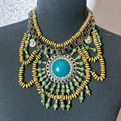 Chunky Statement Fashion Wooden green bead rhinestone necklace