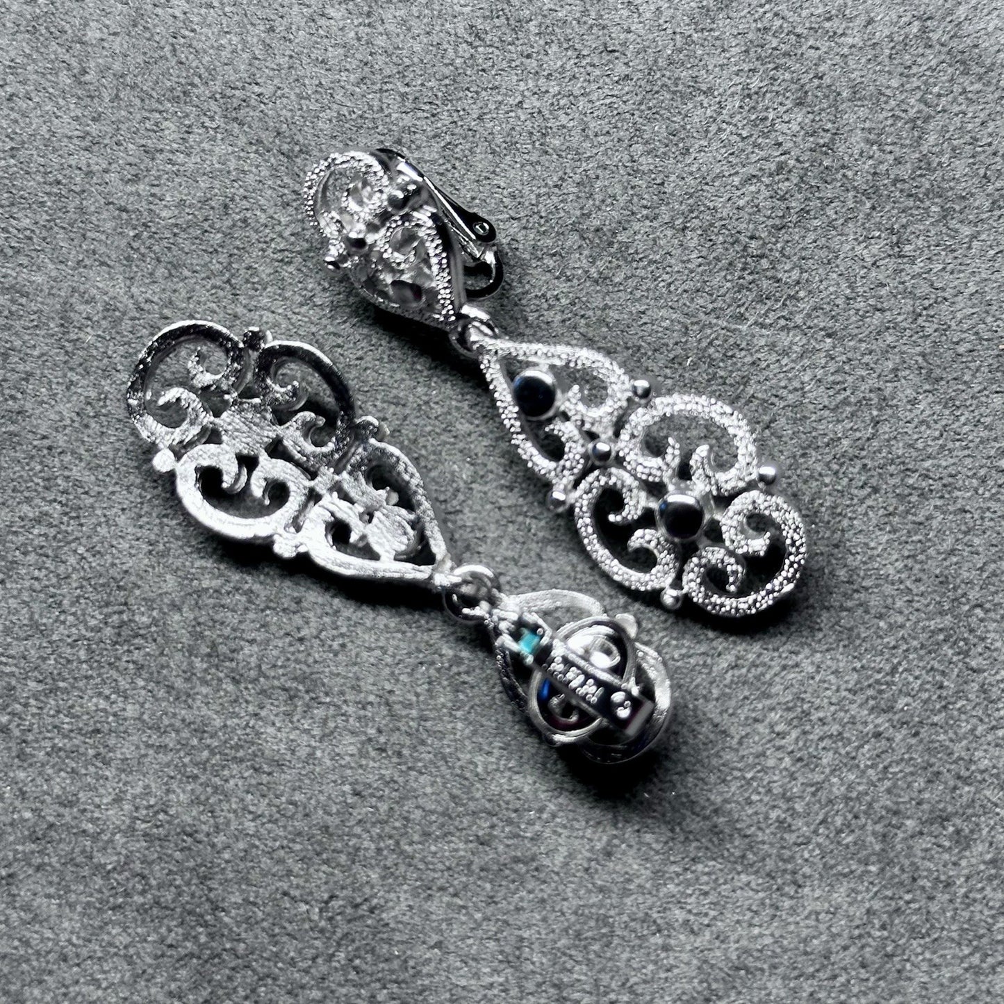 Vintage TRIFARI Ornate Dangle Silver Tone Earrings Clip-on Signed 2 in