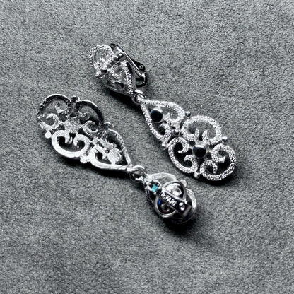 Vintage TRIFARI Ornate Dangle Silver Tone Earrings Clip-on Signed 2 in