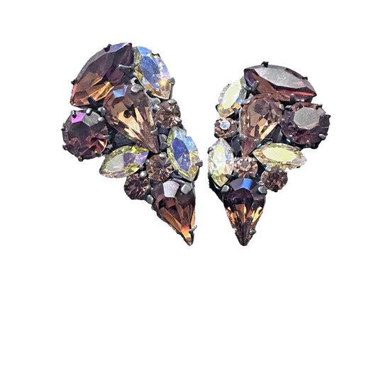 Vintage Root Beer Topaz Cabochon and AB Rhinestone clip on Earrings