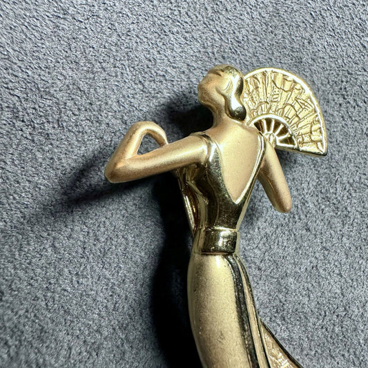 Vintage JJ 1988 Jonette Jewelry Goldtone Woman Formal Fan Evening Brooch Pin