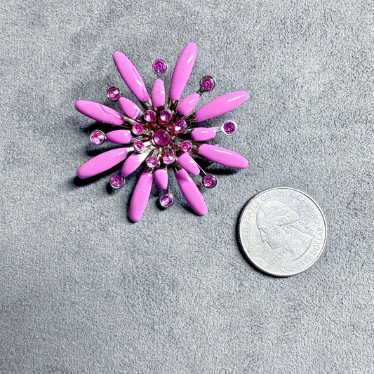 Vintage Jewelry Mod Hippie Boho Pink Flower With Rhinestone Brooch Pin
