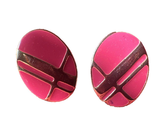 Pink With Gold Stripe Enamel Oval Button Earrings