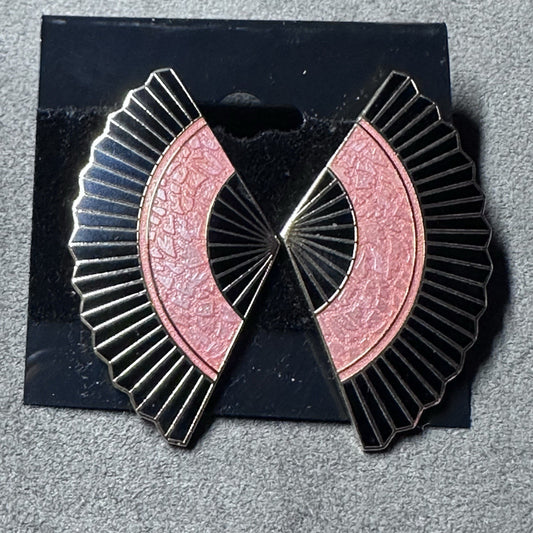 Vintage Pink Enamel Isle Of Skyes Earrings Goldtone Fan Jewelry Pierced Scottish