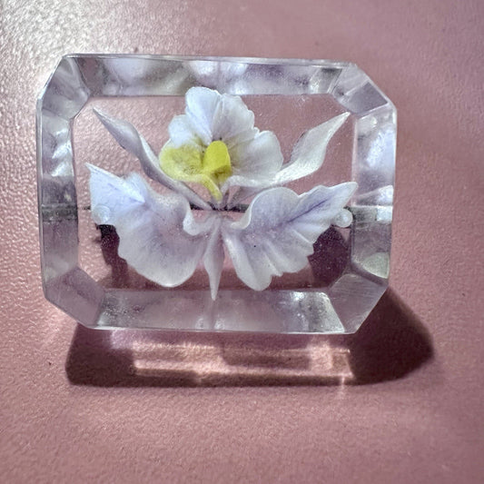 Vintage Lucite Orchid Brooch – Real Flower, Rectangle Design