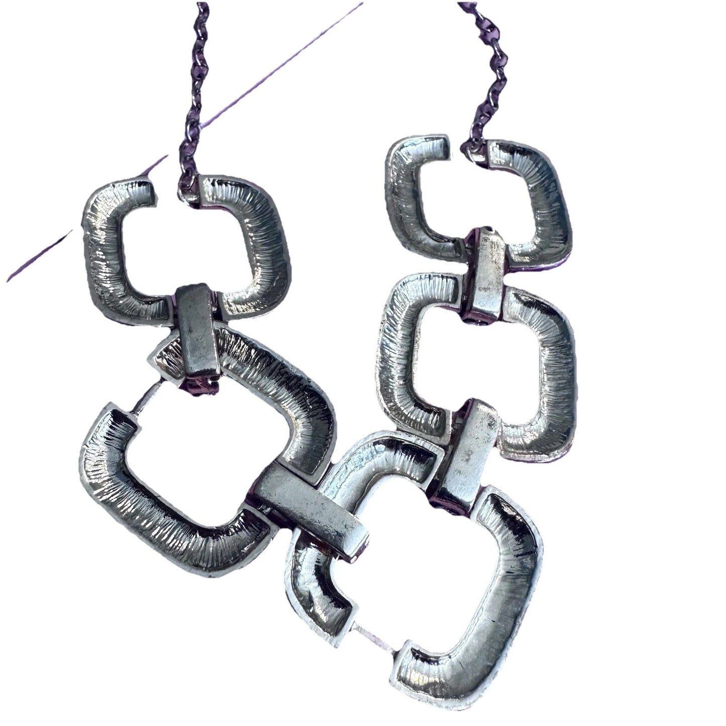 Fuschia And Gold-Tone Chain Necklace Enamel Square Links Rhinestone