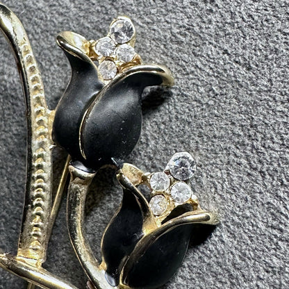Vintage Tulip Gold Black Rhinestone Brooch Pin