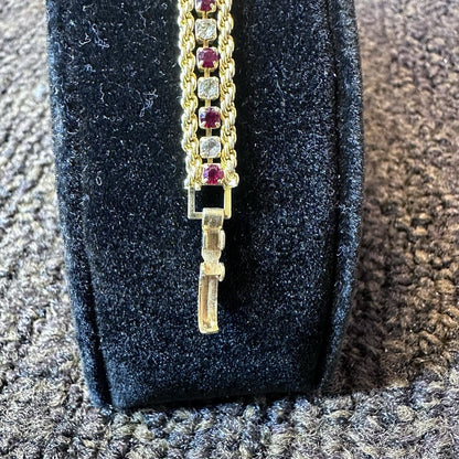 Vintage Gold Tone Ruby & Clear Rhinestone Chain Bracelet – 7.5" Double Row Spark