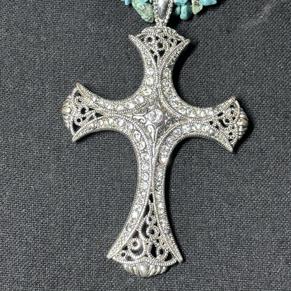3 Stand Southwest Style Turquoise Dyed Turquoise Stones Christian Cross Necklace