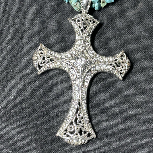 3 Stand Southwest Style Turquoise Dyed Turquoise Stones Christian Cross Necklace