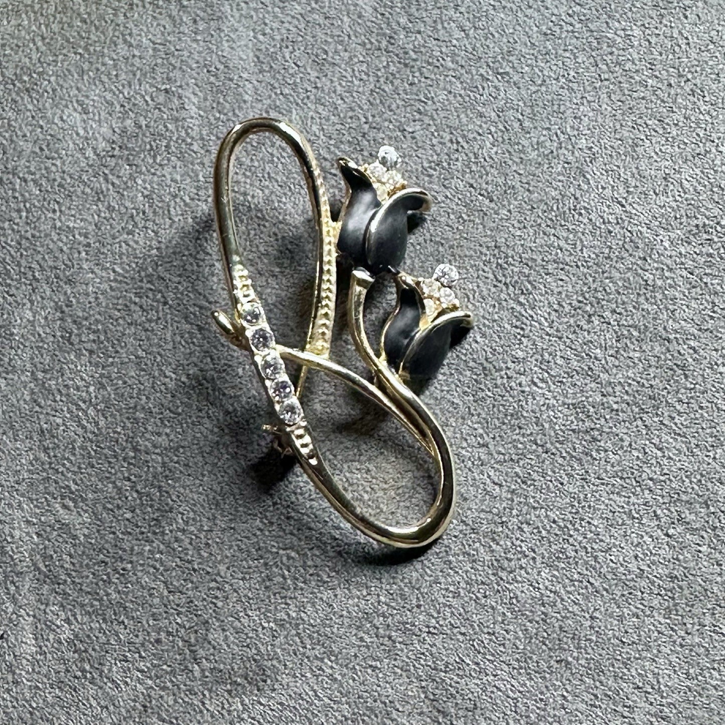 Vintage Tulip Gold Black Rhinestone Brooch Pin
