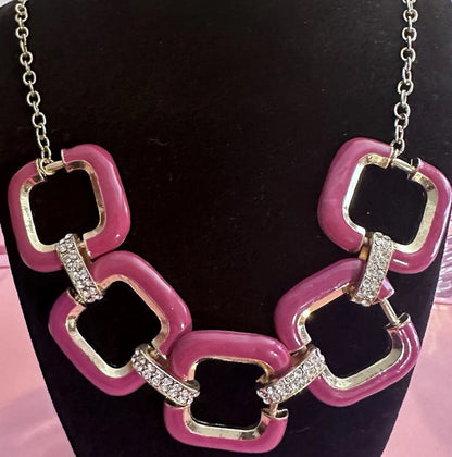 Fuschia And Gold-Tone Chain Necklace Enamel Square Links Rhinestone