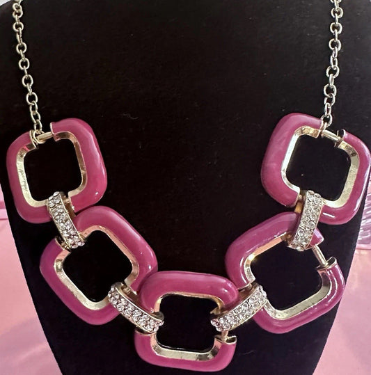 Fuschia And Gold-Tone Chain Necklace Enamel Square Links Rhinestone