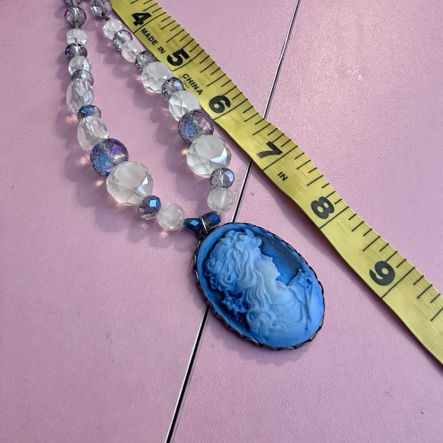 Vintage Style Victorian Cameo Beaded Necklace Blue