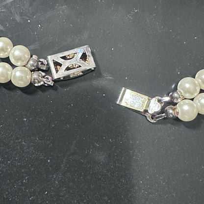 Vintage 2 Double Strand Faux Pearl Rhinestone Necklace Choker Ornate Box Clasp
